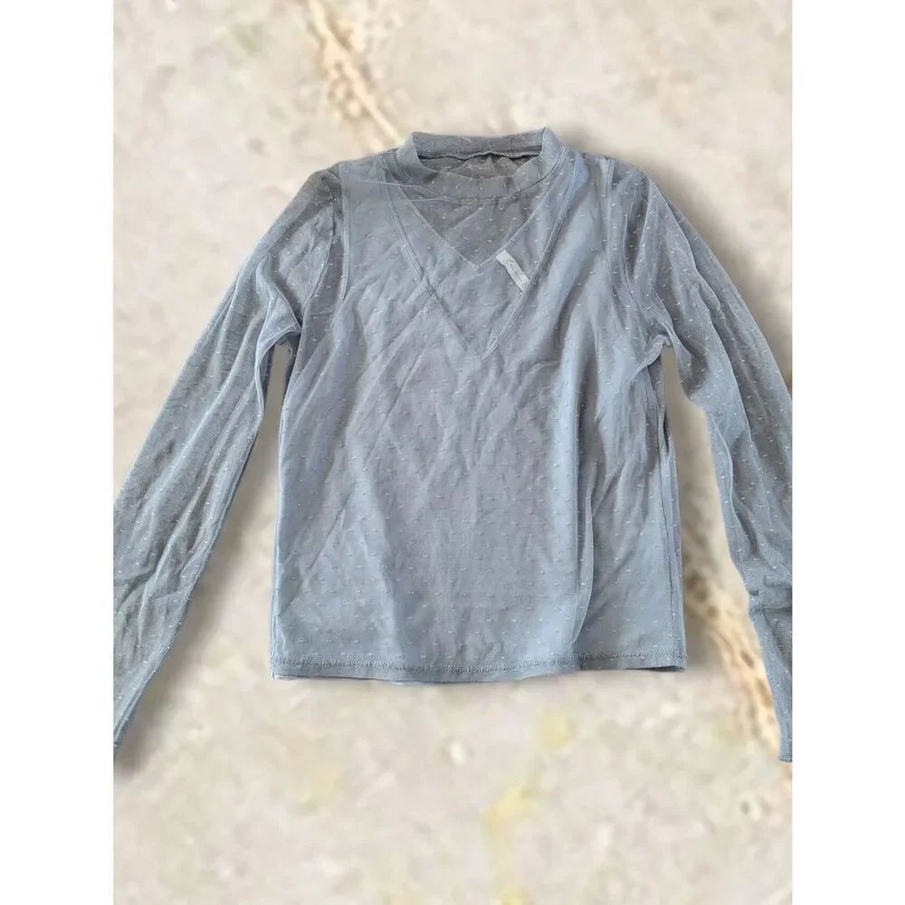 GF Collection Women's Small Blue-Grey Sheer Long Sleeve With Built In Camisole